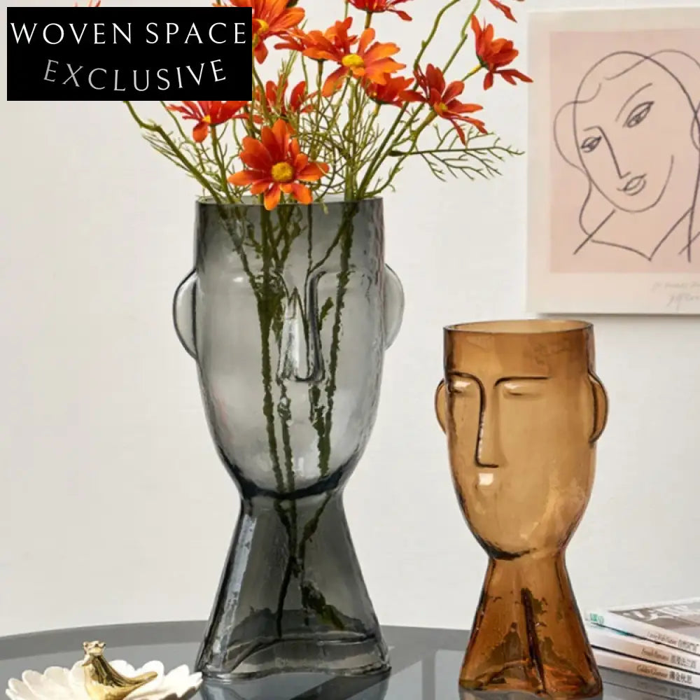 Creative Brown Smile Face Glass Decorative Vase for Modern Home Living Room