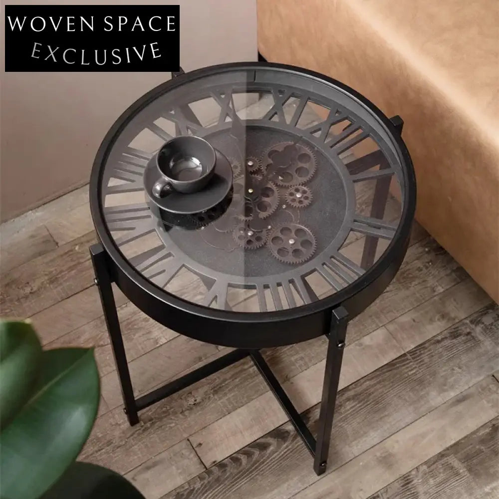 Creative Gear Clock Glass Top Coffee Table with Modern Metal Legs