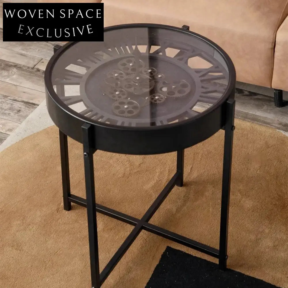 Creative Gear Clock Glass Top Coffee Table with Modern Metal Legs