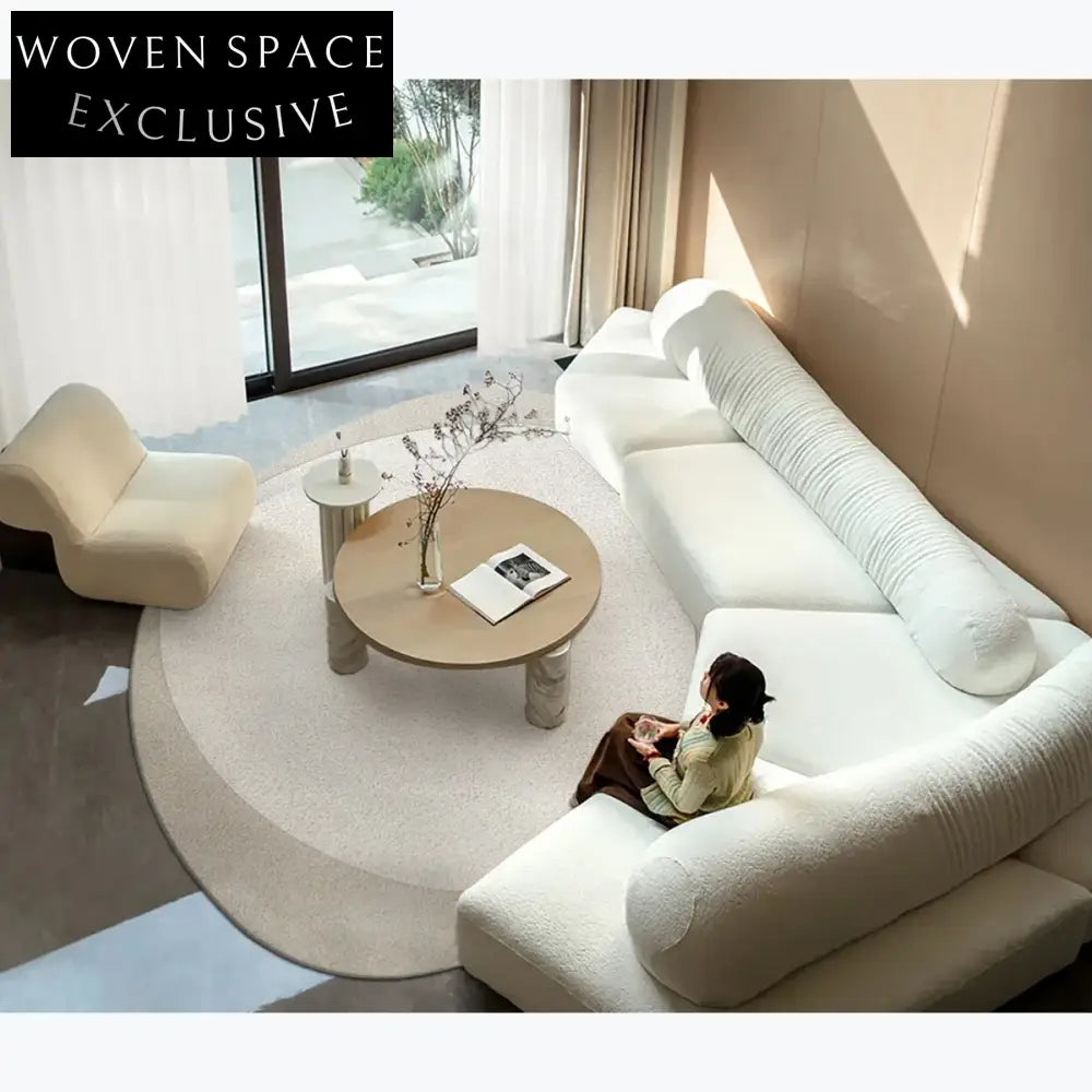 Custom Shaped Wool Area Rug, Cream Minimalist Handmade Carpet