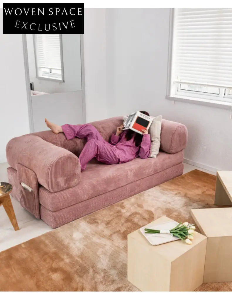 dual-use sofa bed movable fabric module sofa three-person folding high-end sofa pink