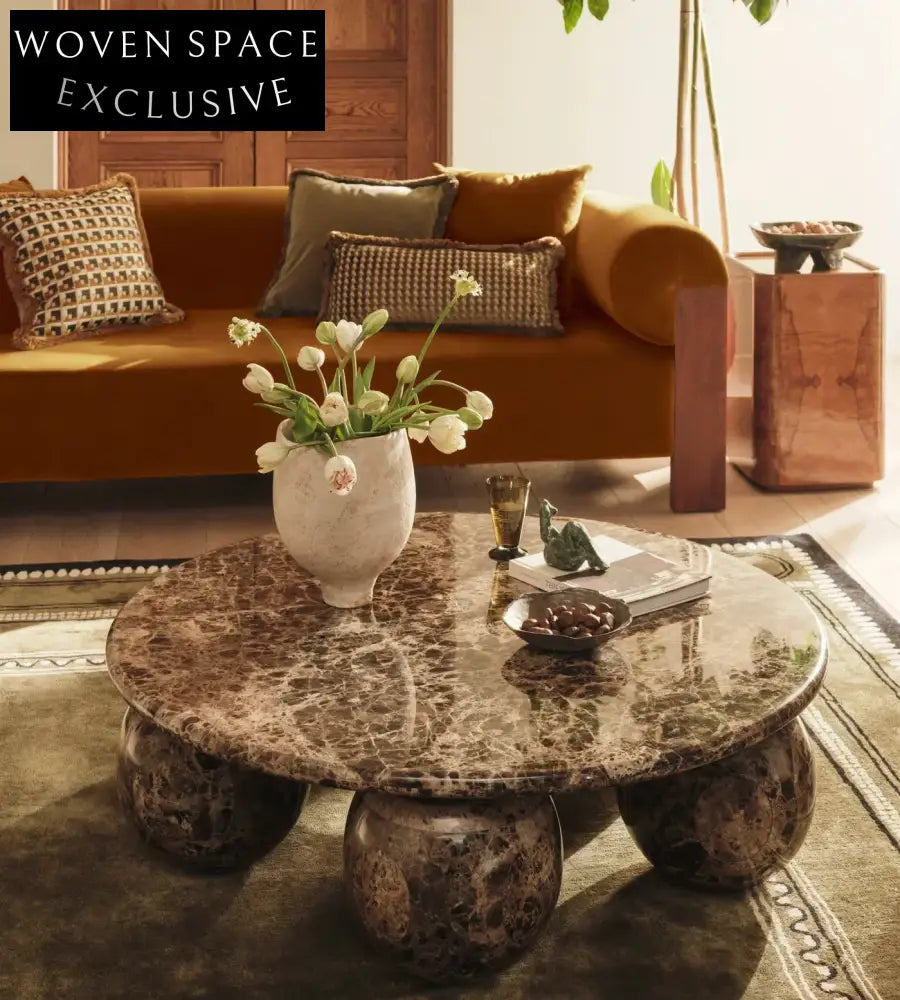 Vintage Earthy Brown Natural Marble Ball Base Round Coffee Table