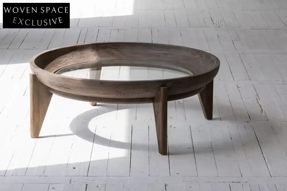 Reclaimed Elm Wood Round Coffee Table with 8mm Tempered Glass Top
