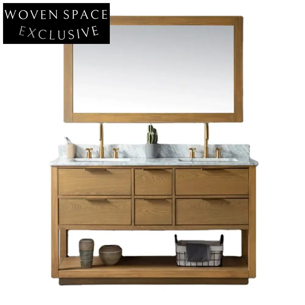 Elegance Solid Wood Bathroom Vanity Cabinet, 60-inch Brown Modern Style with Storage