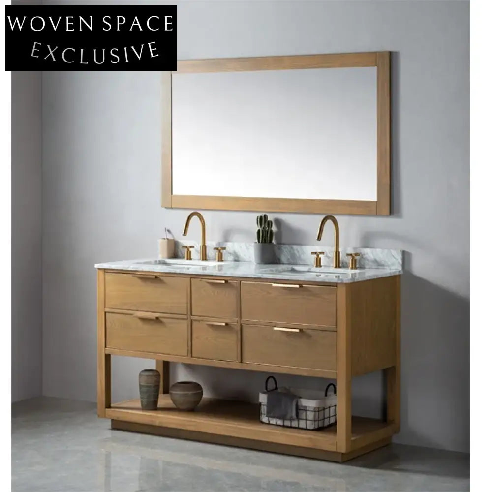 Elegance Solid Wood Bathroom Vanity Cabinet, 60-inch Brown Modern Style with Storage