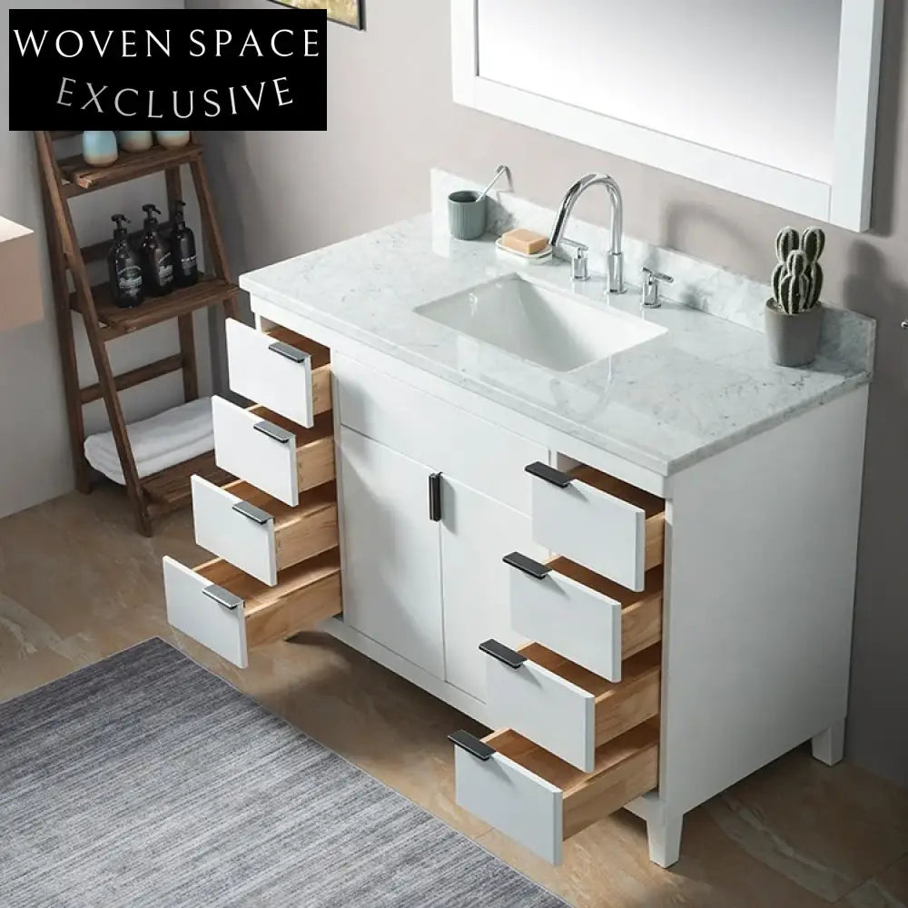 Elegant 48-Inch White Solid Wood Bathroom Vanity Cabinet with Marble Top