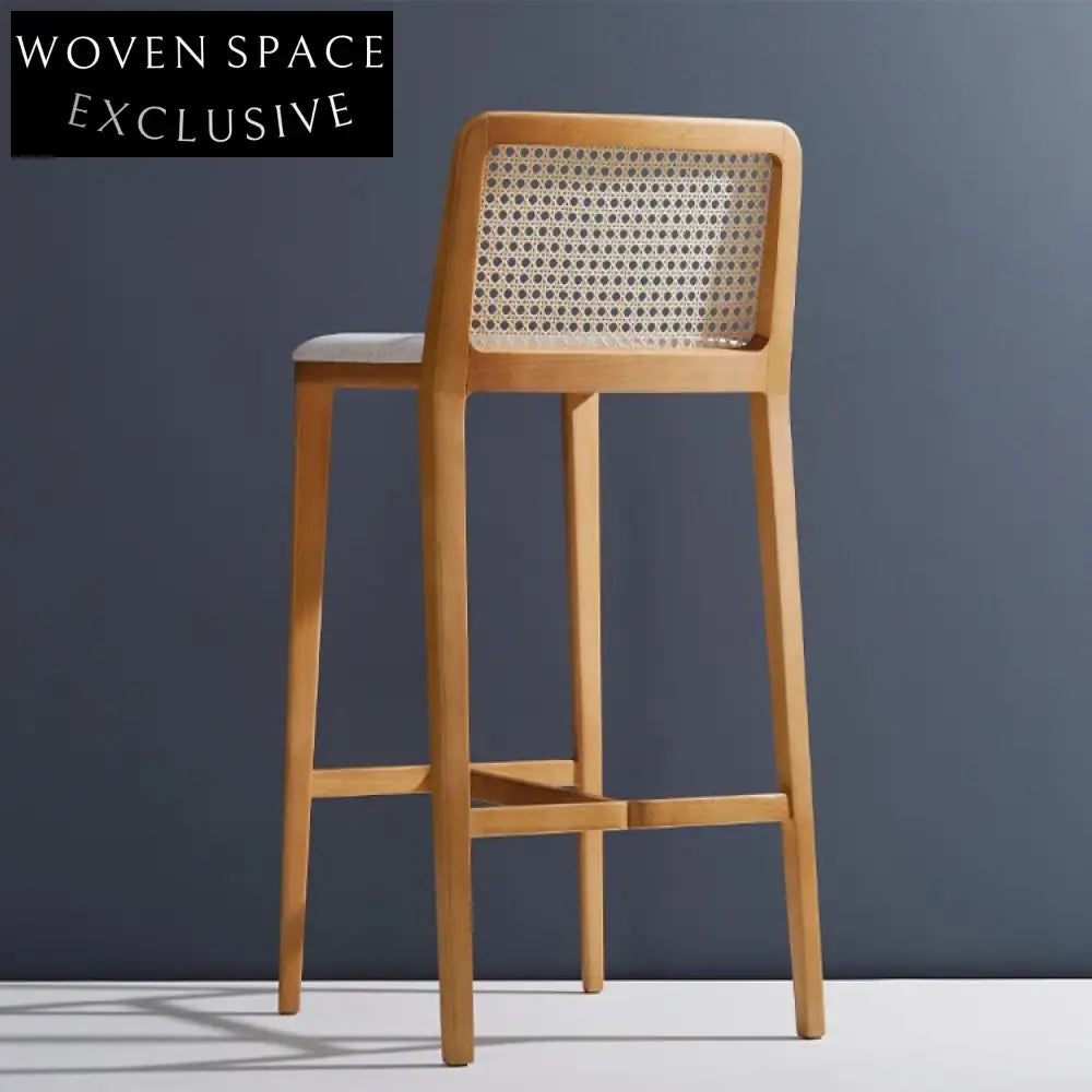 Elegant American Style Solid Wood Rattan Woven High Back Bar Stool