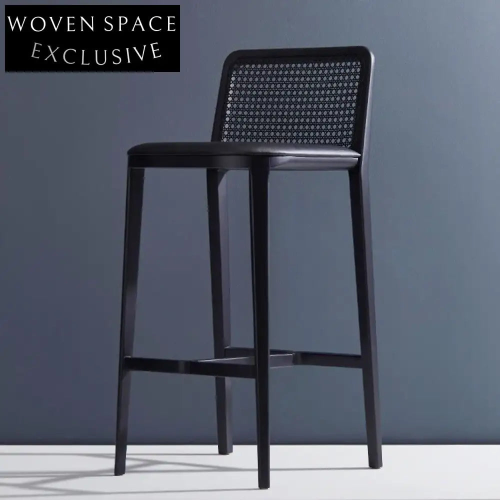 Elegant American Style Solid Wood Rattan Woven High Back Bar Stool