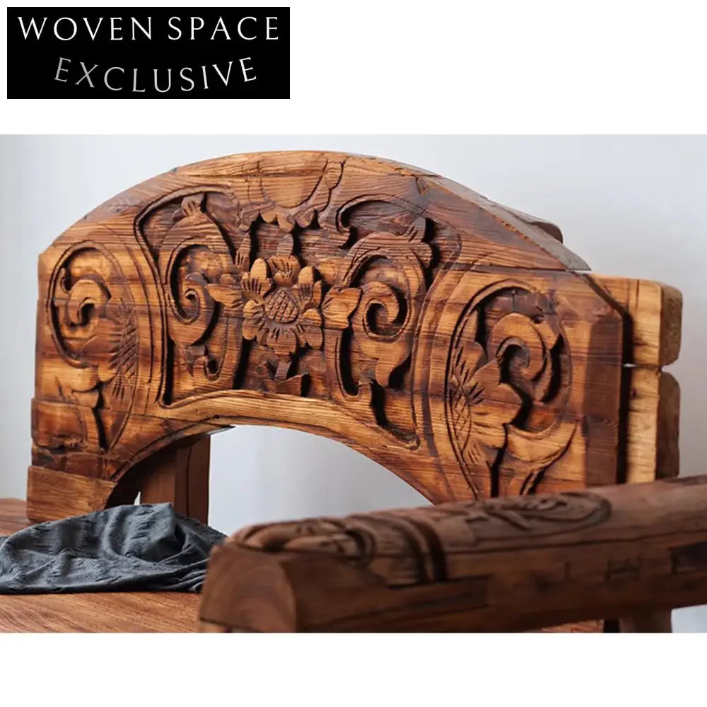 Elegant Antique Handcrafted Wabi Sabi Solid Wood Carved Sofa Chair Bench