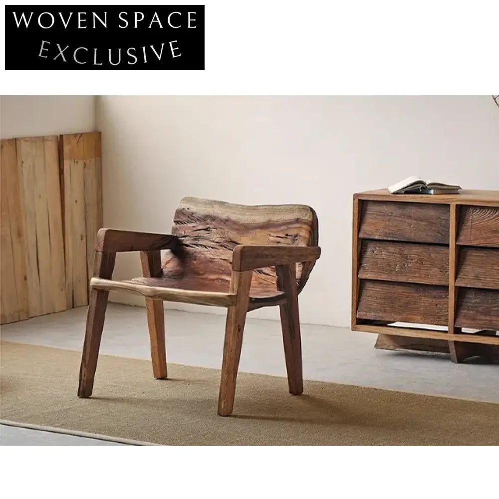 Elegant Antique Wabi Sabi Solid Elm Wood Padded Lounge Chair