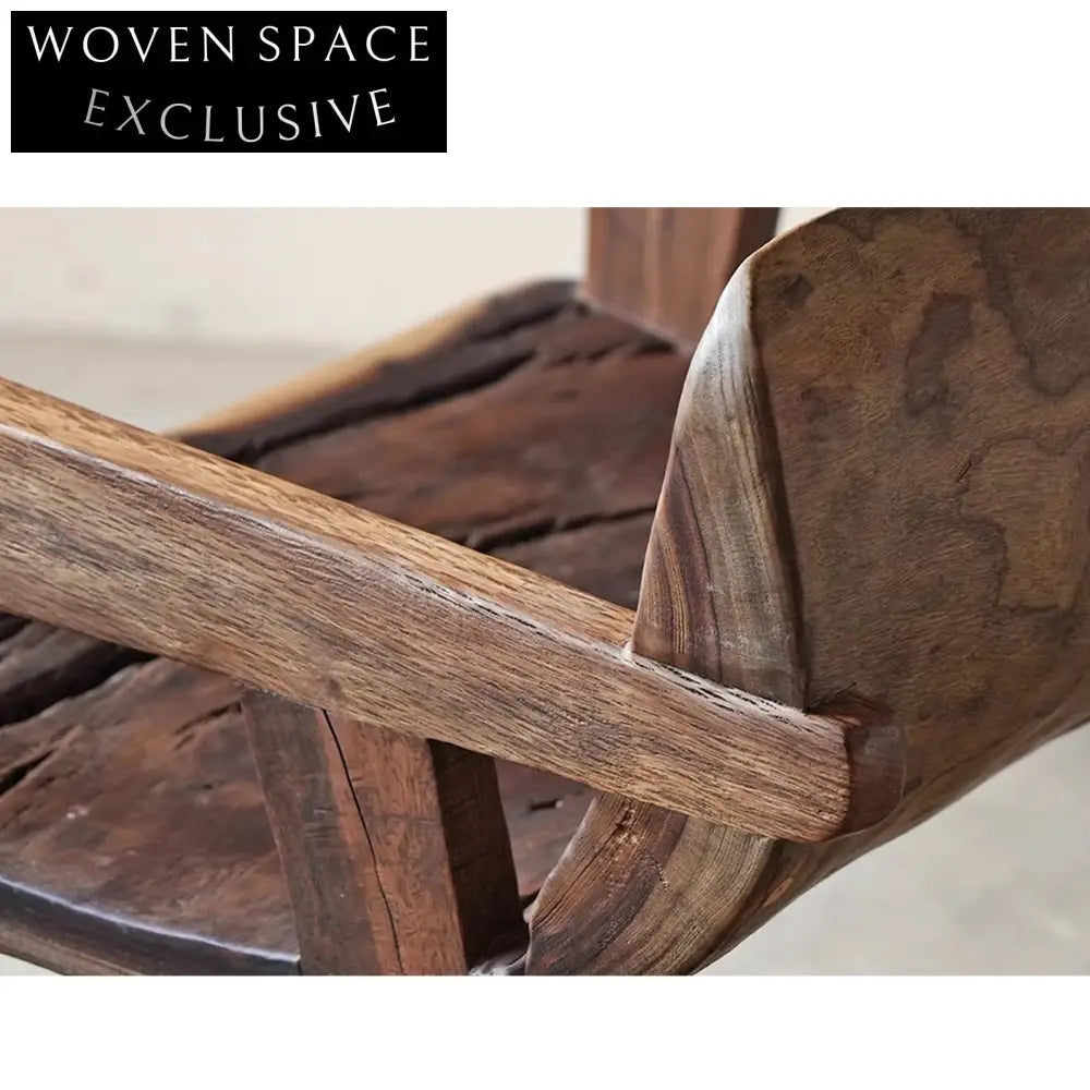 Elegant Antique Wabi Sabi Solid Elm Wood Padded Lounge Chair