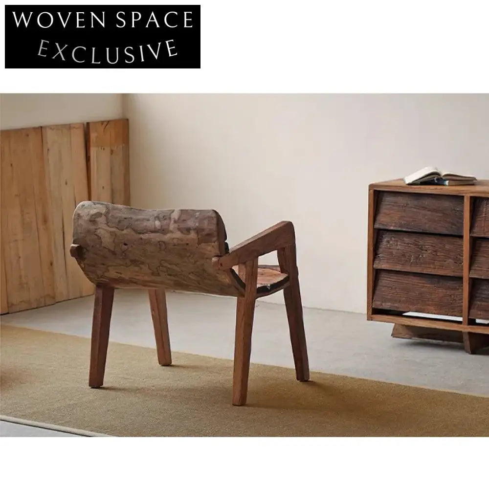 Elegant Antique Wabi Sabi Solid Elm Wood Padded Lounge Chair
