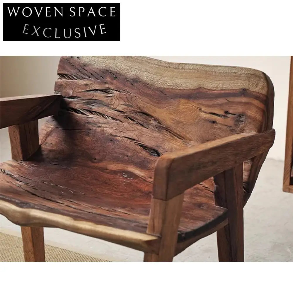 Elegant Antique Wabi Sabi Solid Elm Wood Padded Lounge Chair