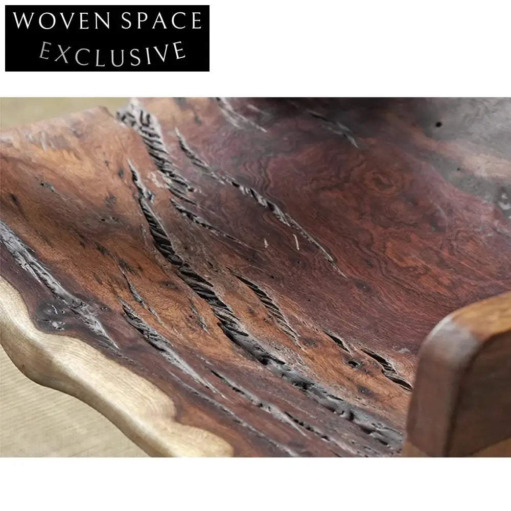 Elegant Antique Wabi Sabi Solid Elm Wood Padded Lounge Chair