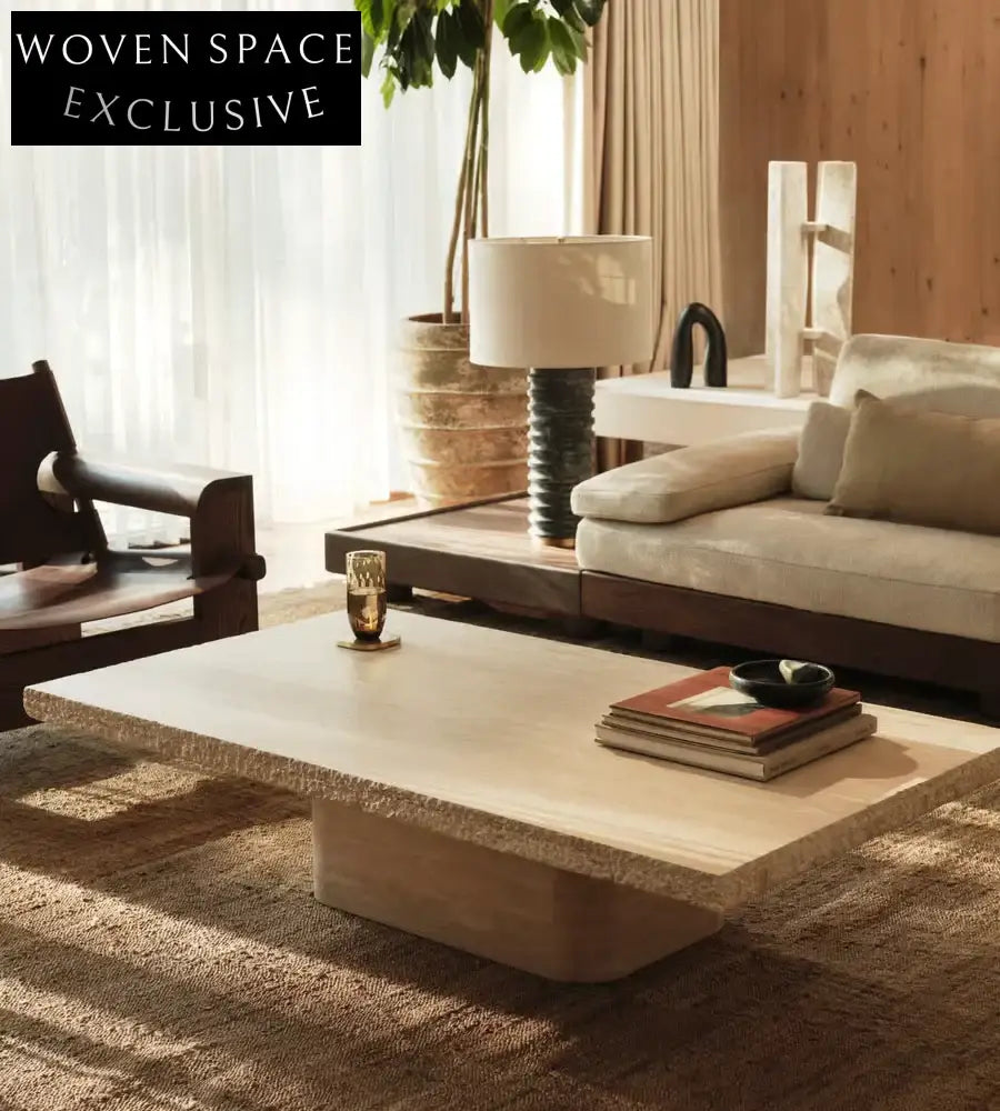 Elegant Italian Minimalist Beige Travertine Square Coffee Table for Luxury Living Room