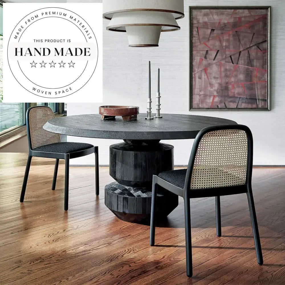 Elegant Black Rattan Wooden Frame Upholstered Seat Dining Chair