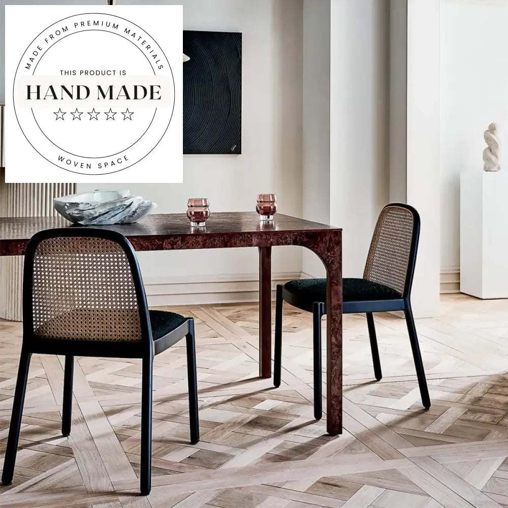 Elegant Black Rattan Wooden Frame Upholstered Seat Dining Chair