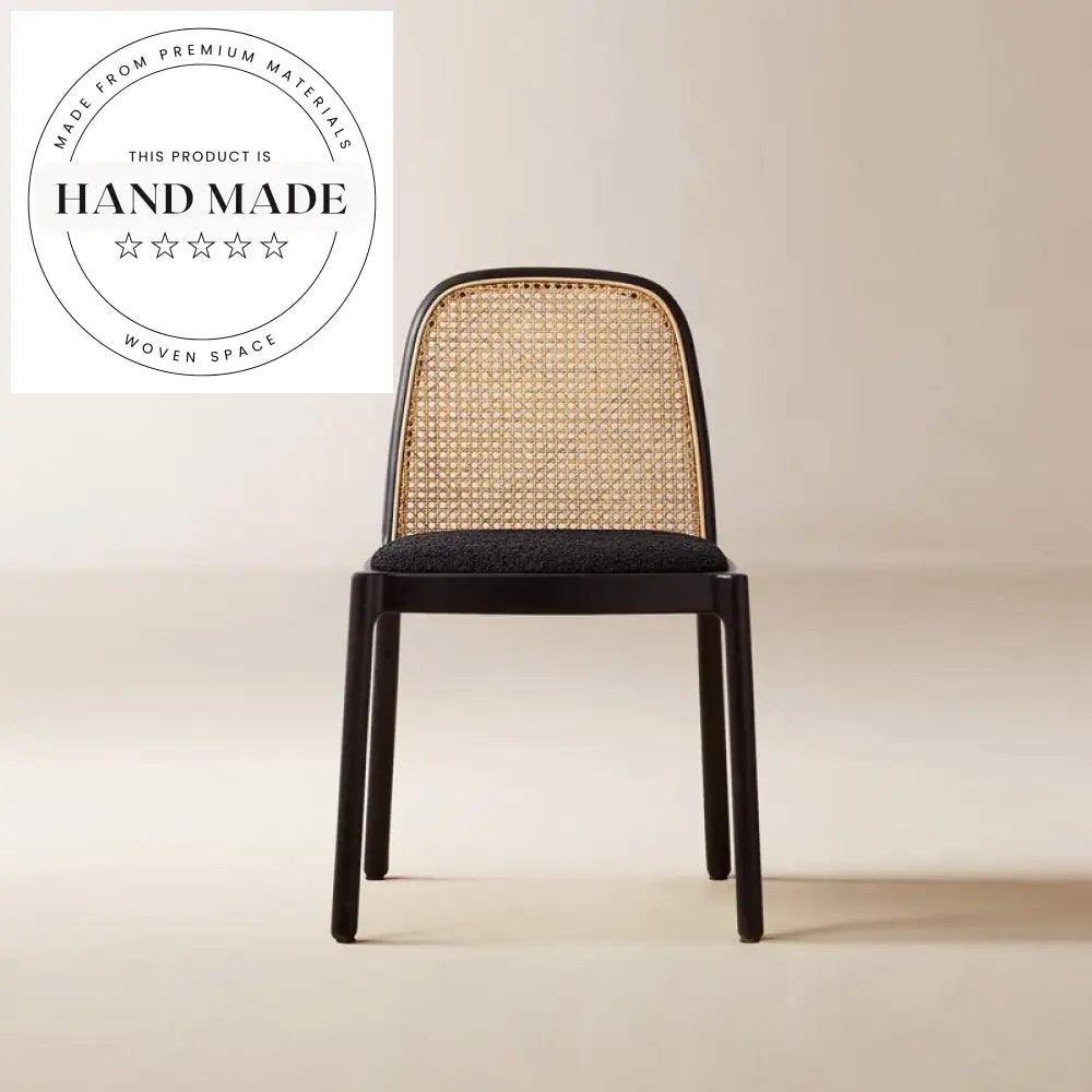 Elegant Black Rattan Wooden Frame Upholstered Seat Dining Chair