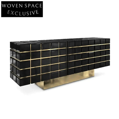 Elegant Black Sideboard Cabinet with Golden Metal Accents and Wood Frame