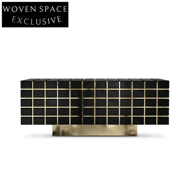 Elegant Black Sideboard Cabinet with Golden Metal Accents and Wood Frame