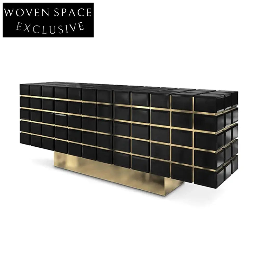 Elegant Black Sideboard Cabinet with Golden Metal Accents and Wood Frame