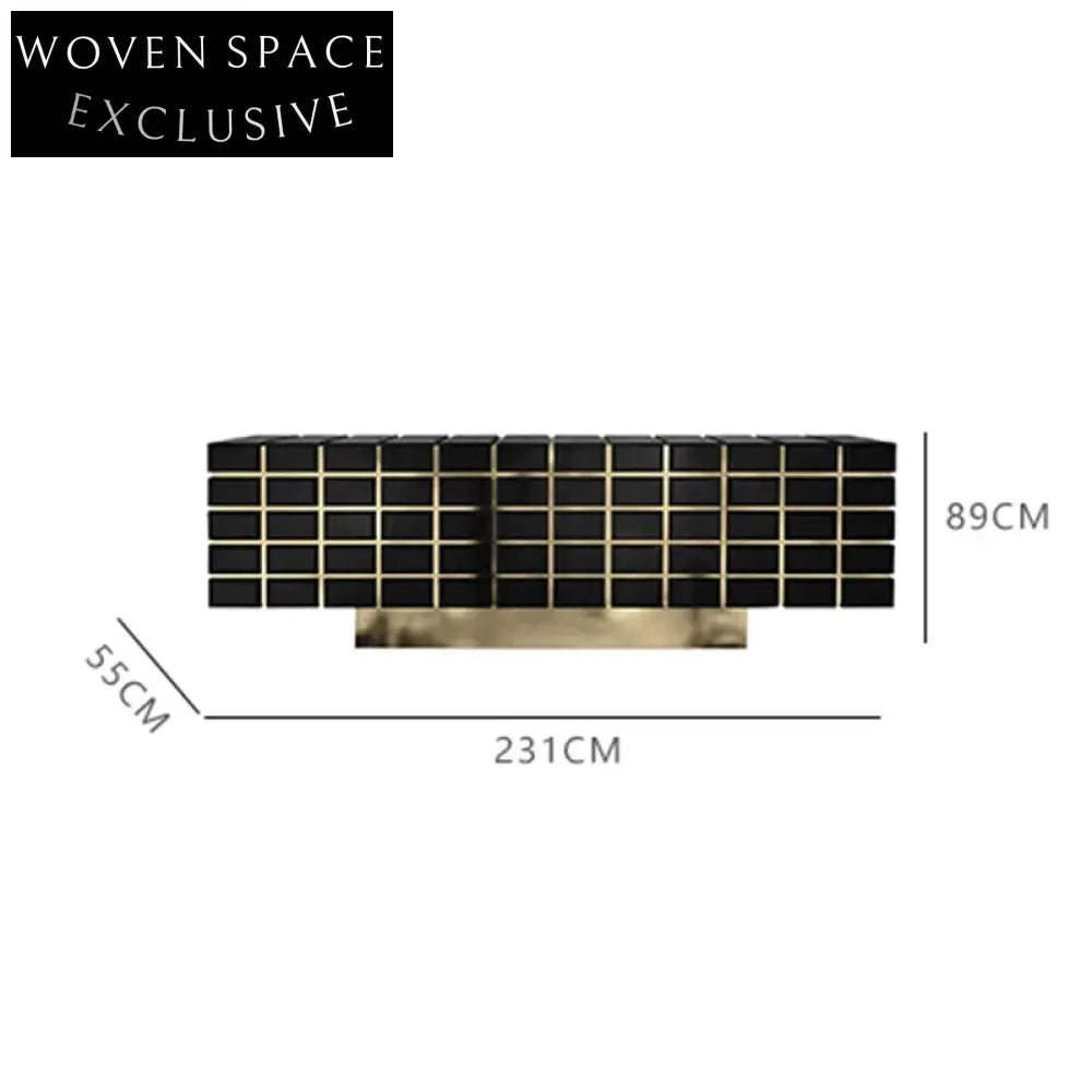 Elegant Black Sideboard Cabinet with Golden Metal Accents and Wood Frame