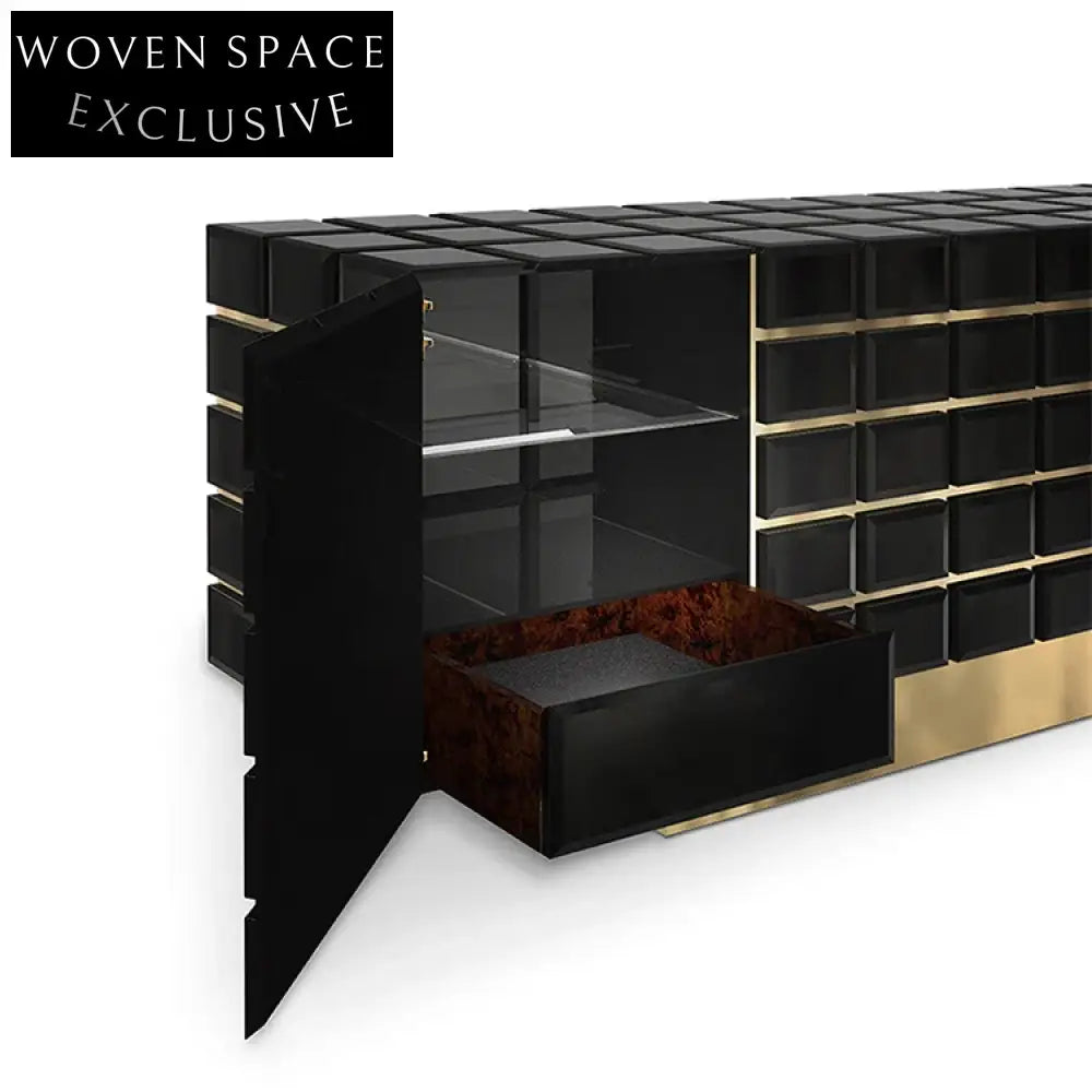Elegant Black Sideboard Cabinet with Golden Metal Accents and Wood Frame