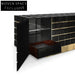 Elegant Black Sideboard Cabinet with Golden Metal Accents and Wood Frame