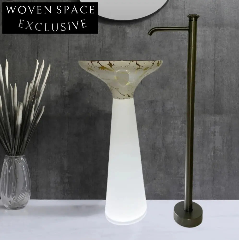 Elegant Blue Ceramic Pedestal Bathroom Sink with Faux Marble Column