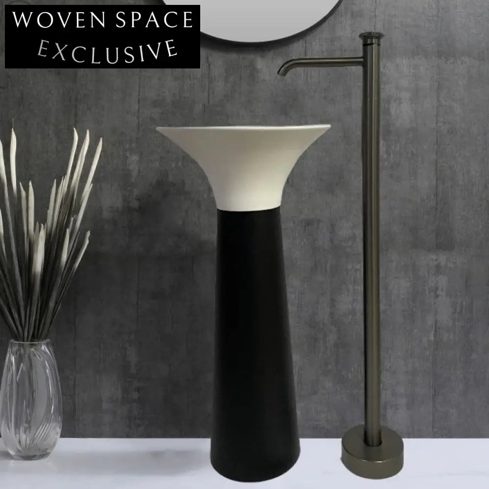 Elegant Blue Ceramic Pedestal Bathroom Sink with Faux Marble Column