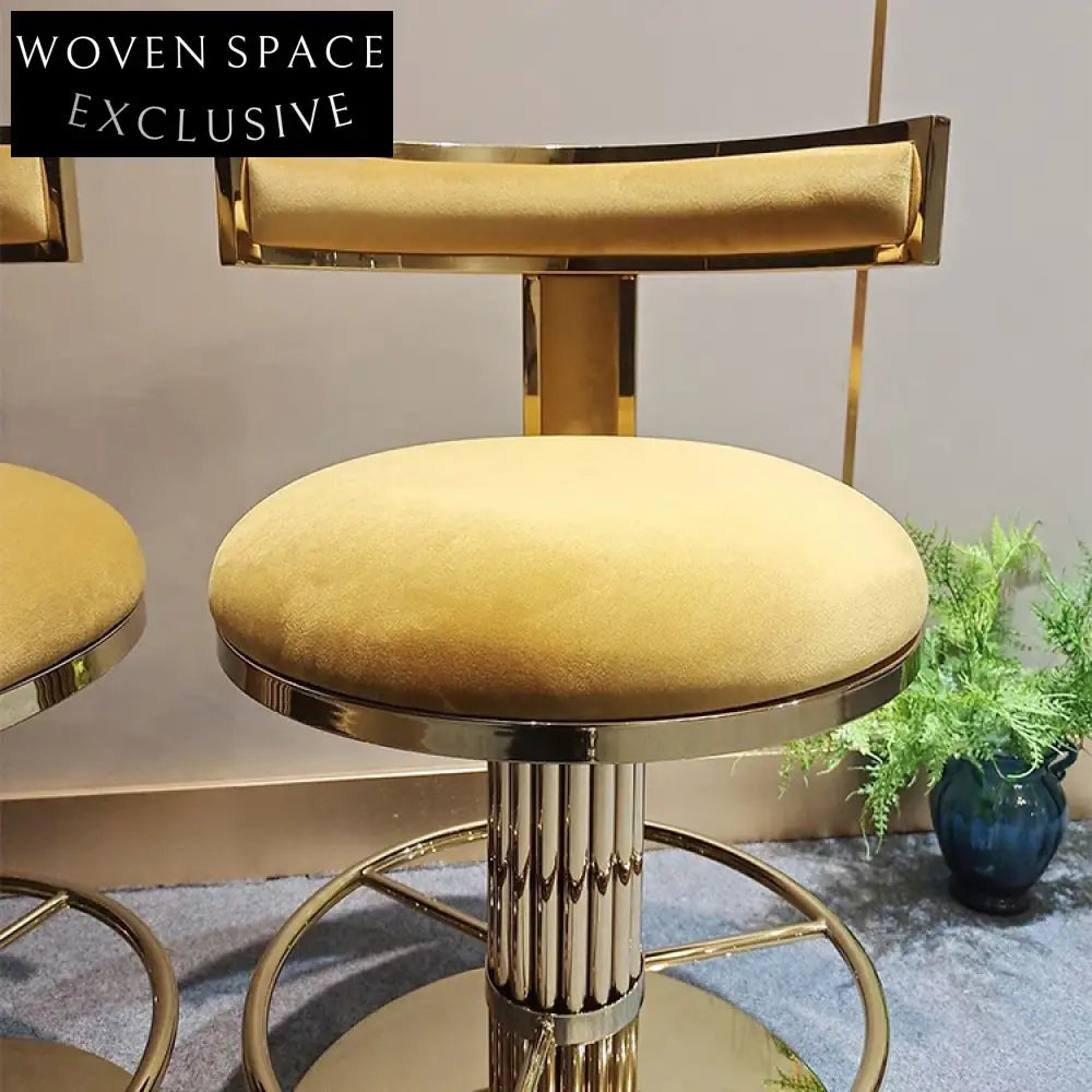 Elegant Brushed Gold Stainless Steel High Back Velvet Swivel Bar Stool Chair