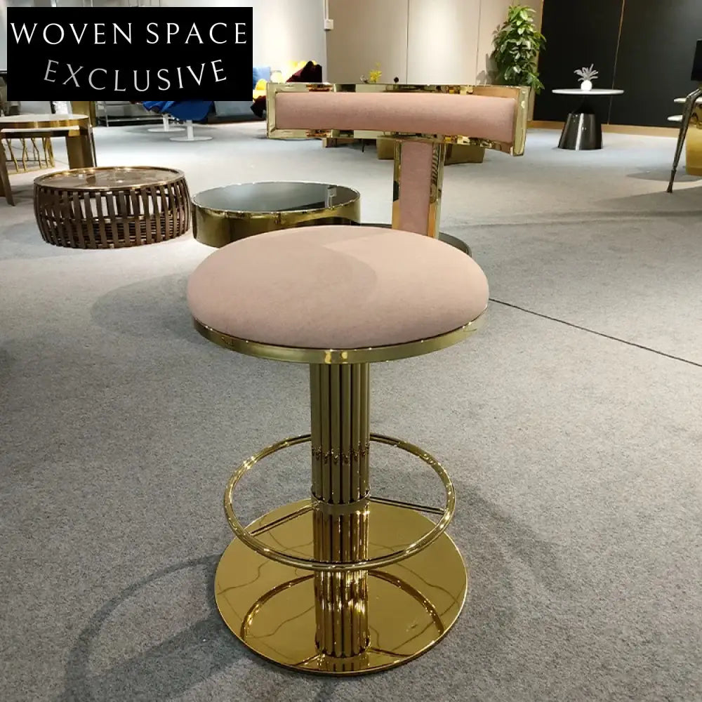 Elegant Brushed Gold Stainless Steel High Back Velvet Swivel Bar Stool Chair