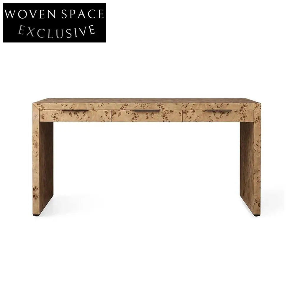 Elegant Burl Solid Wood Veneer Console Table with Drawer for Home Office