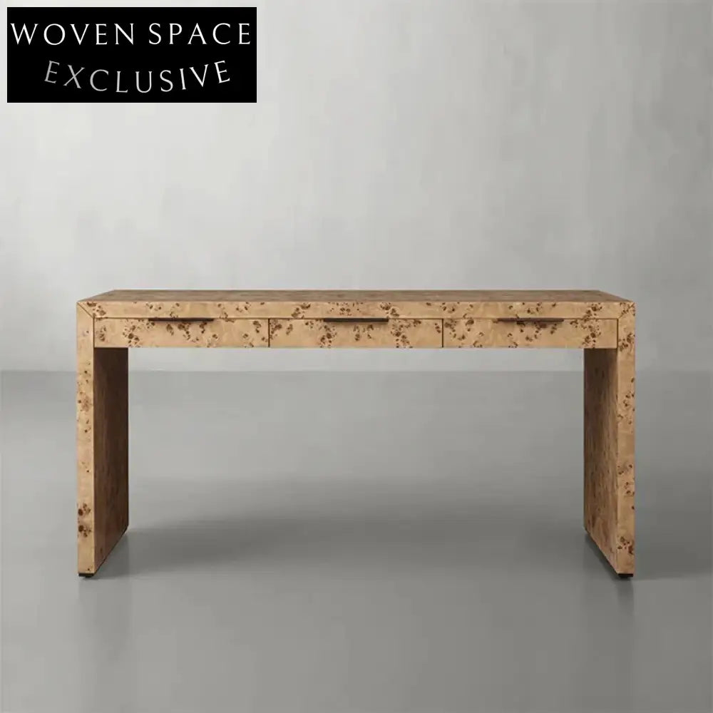 Elegant Burl Solid Wood Veneer Console Table with Drawer for Home Office