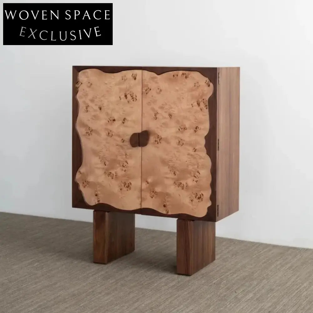 Elegant Burl Veneer 2-Door Solid Wood High Sideboard Wine Storage Cabinet