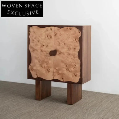 Elegant Burl Veneer 2-Door Solid Wood High Sideboard Wine Storage Cabinet