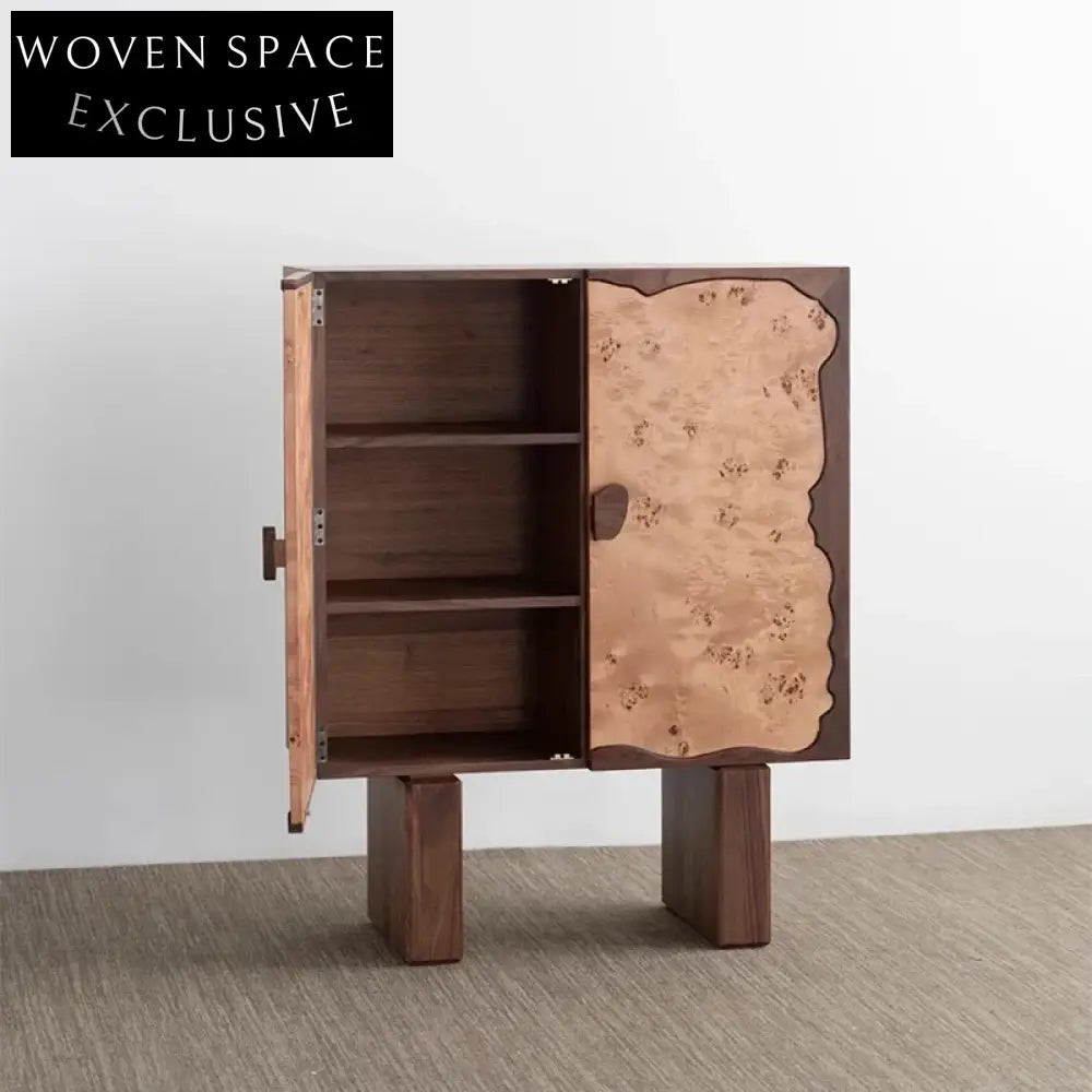 Elegant Burl Veneer 2-Door Solid Wood High Sideboard Wine Storage Cabinet