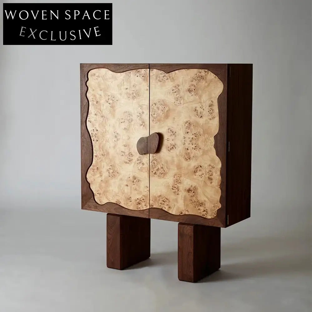 Elegant Burl Veneer 2-Door Solid Wood High Sideboard Wine Storage Cabinet