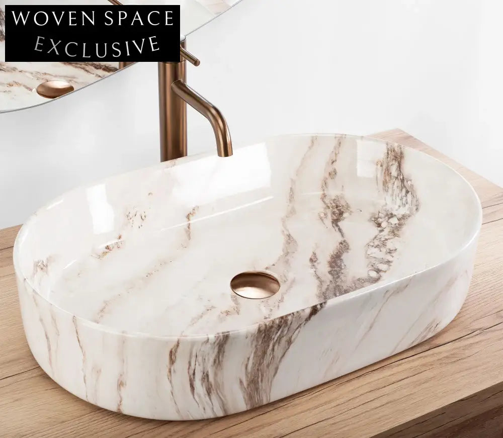 Elegant Ceramic Bathroom Sink with Hand-Painted Marble Art Design Vanity Basin