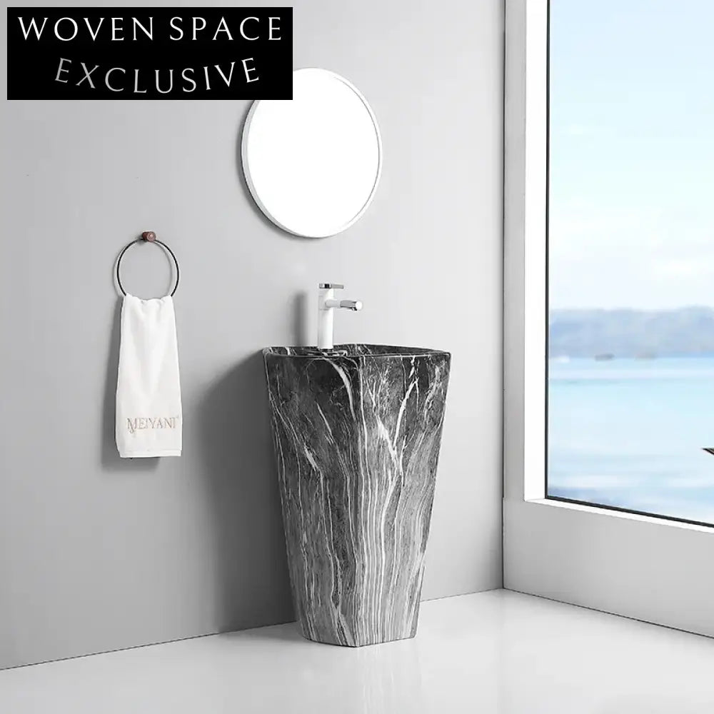 Elegant Ceramic Pedestal Sink, Freestanding Marble Design Bathroom Hand Wash Basin