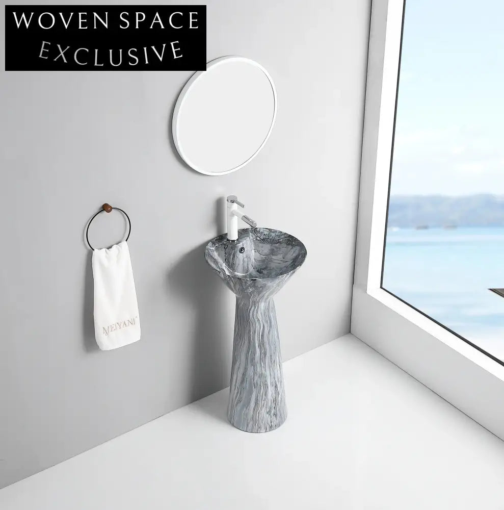 Elegant Ceramic Pedestal Sink, Freestanding Marble Design Bathroom Hand Wash Basin