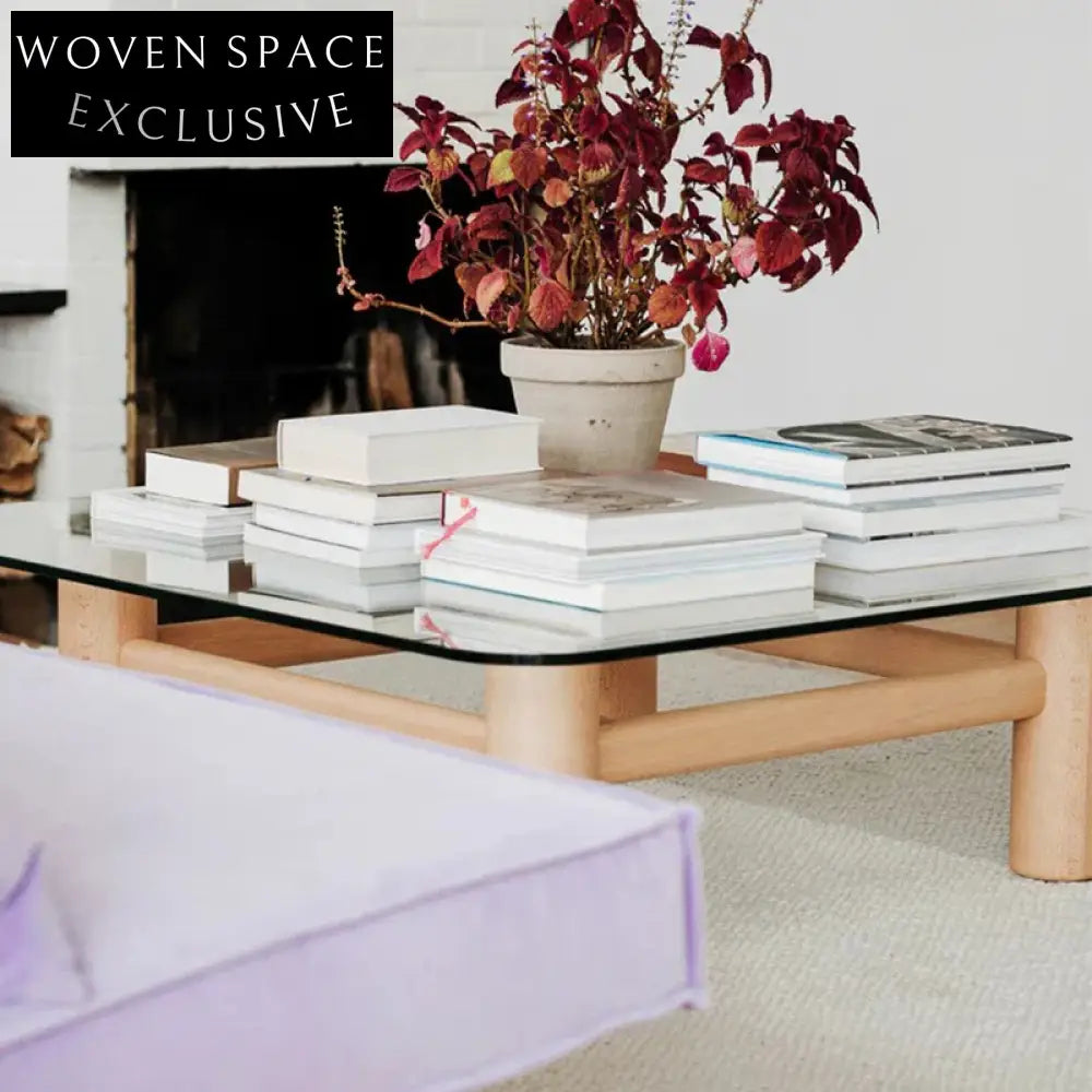 Elegant Clear Glass Square Coffee Table with Solid Ash Wood Base