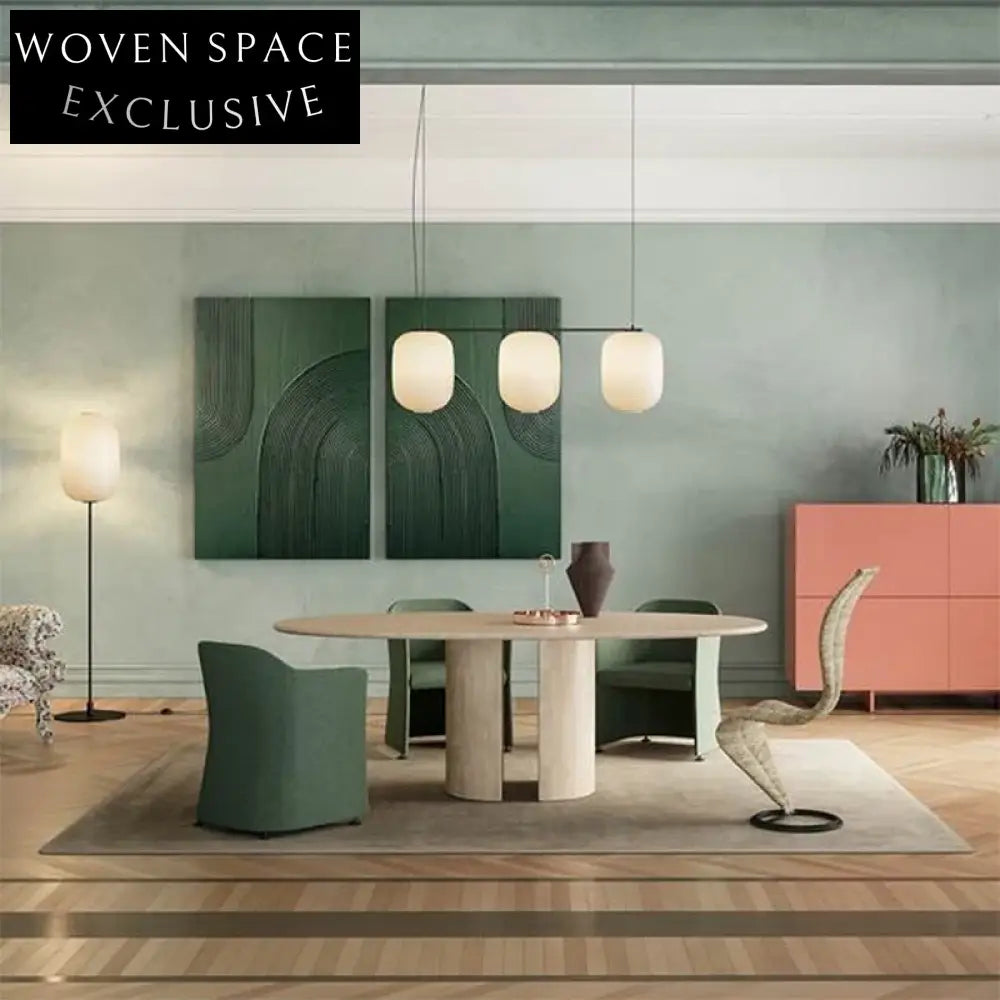 Elegant Contemporary Natural Marble Floating Green Long Dining Table Set