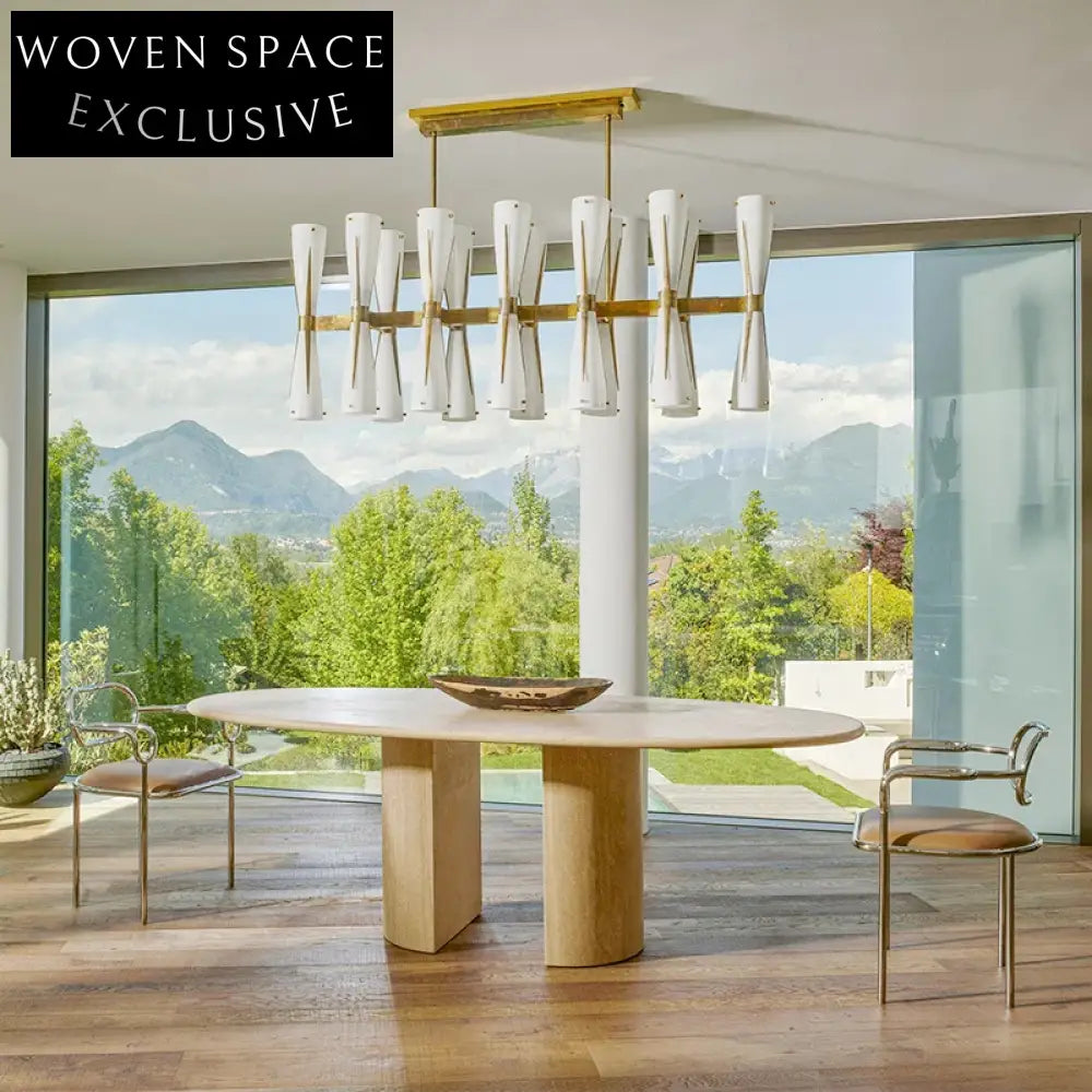 Elegant Contemporary Natural Marble Floating Green Long Dining Table Set