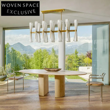 Elegant Contemporary Natural Marble Floating Green Long Dining Table Set