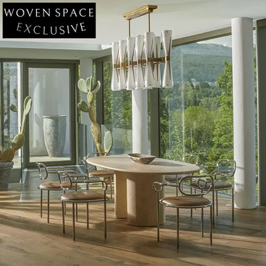 Elegant Contemporary Natural Marble Floating Green Long Dining Table Set