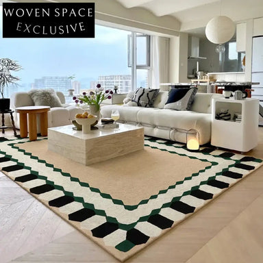 Elegant Cream French Wool Area Rug, Hand-Knotted Geometric Pattern Carpet