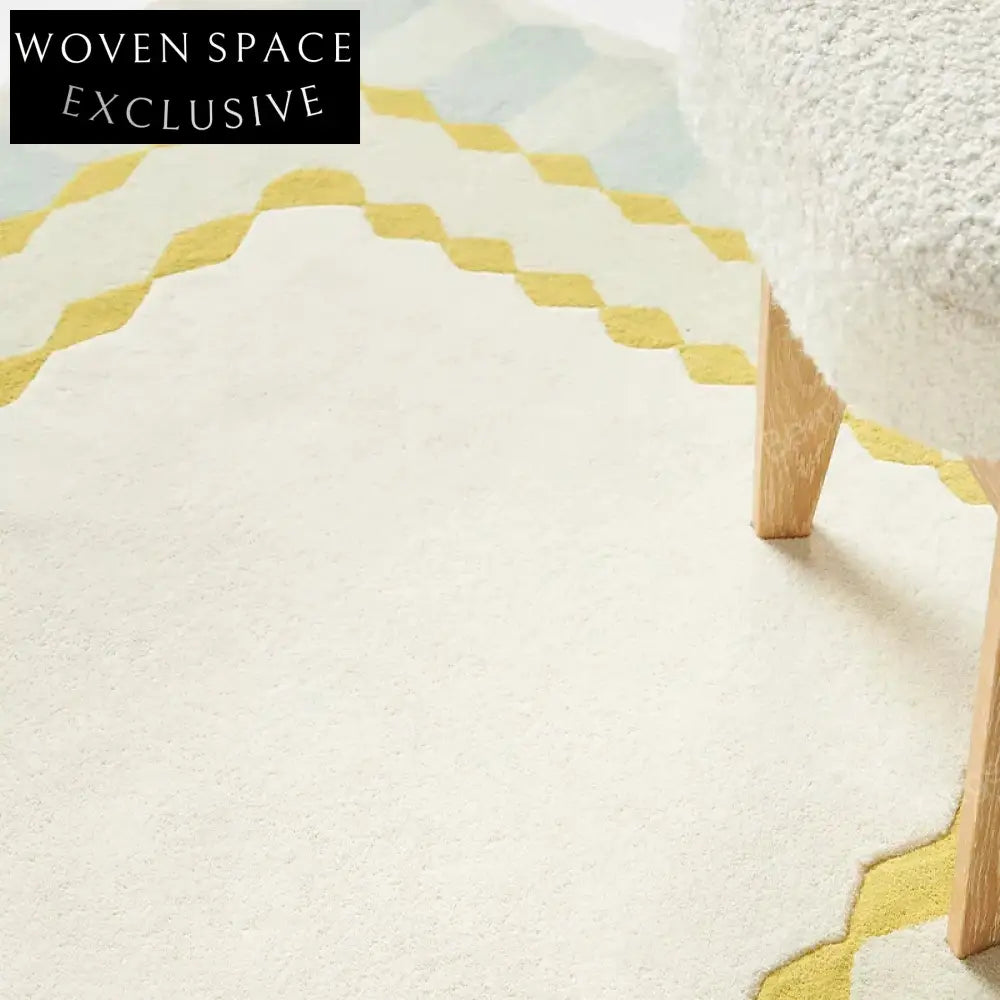 Elegant Cream French Wool Area Rug, Hand-Knotted Geometric Pattern Carpet