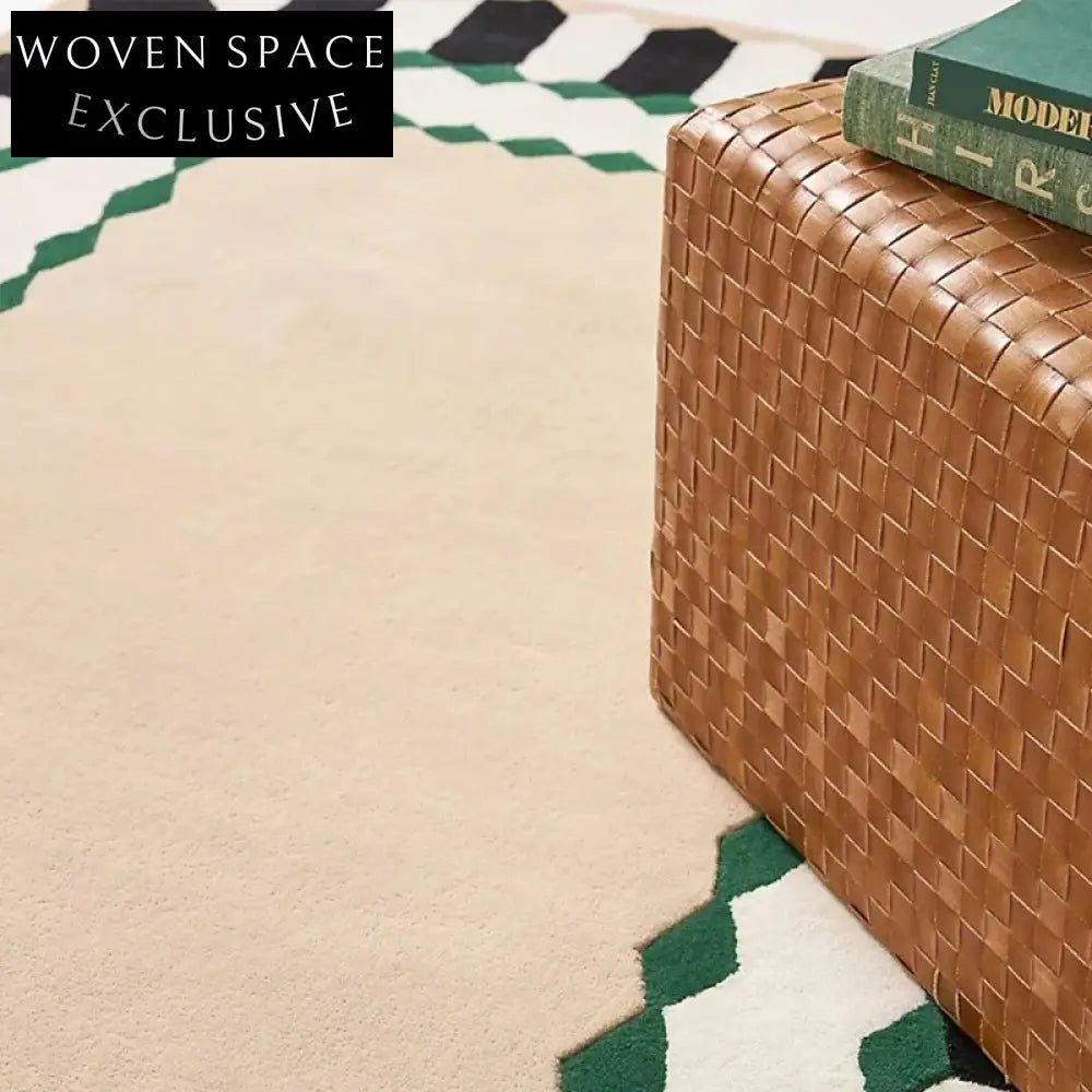 Elegant Cream French Wool Area Rug, Hand-Knotted Geometric Pattern Carpet