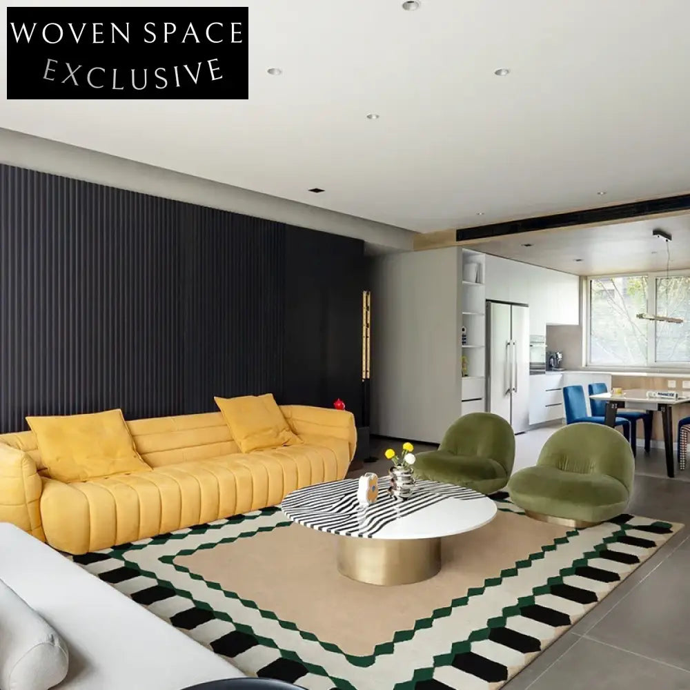 Elegant Cream French Wool Area Rug, Hand-Knotted Geometric Pattern Carpet